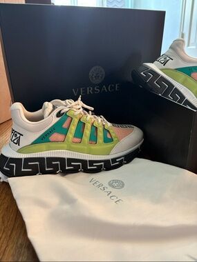 Versace Lime Green Teal Pink Greek Key Sneakers NWT dust bag and box